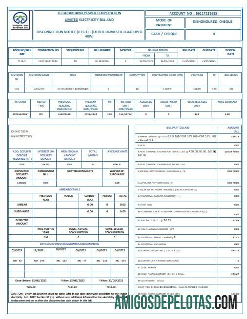 Formatos Word e PDF da conta de serviços públicos de eletricidade da India Uttarakhand Power Corporation modelo
